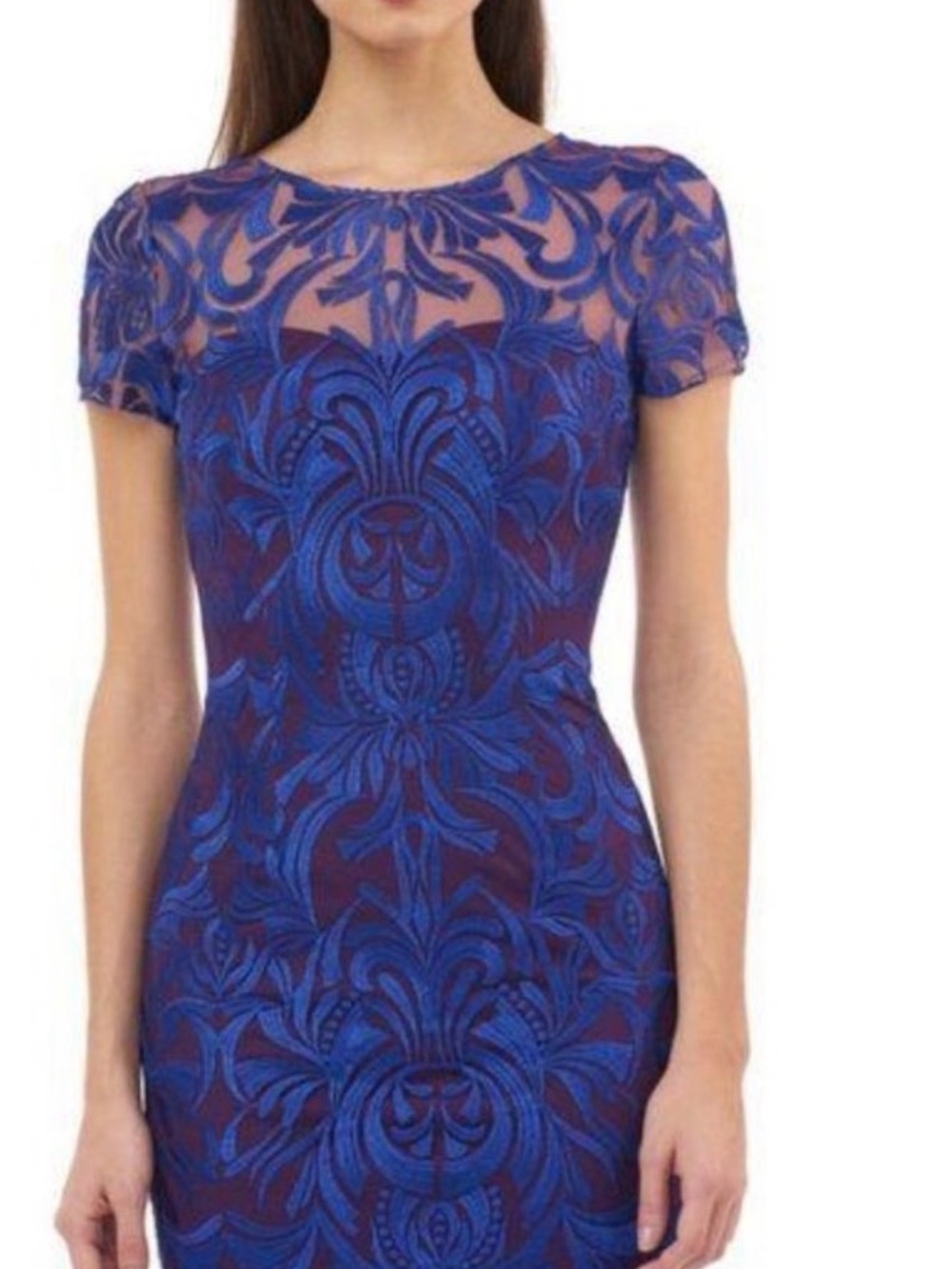 JS Collections Blue Embroidered Illusion Sheath Midi Dress